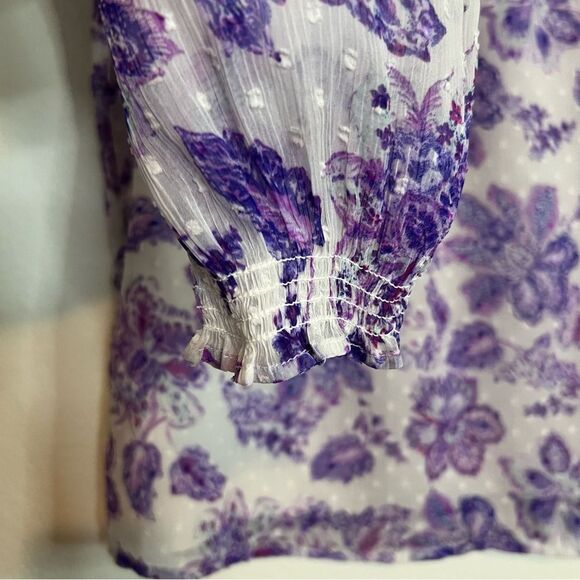 Loft Blouse Purple Floral Smocked Neck And Wrist Long Sleeve Size Small - Picture 2 of 8